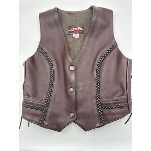 Hillside Leather Women’s Brown M braided vest with side ties. Has a pin hold